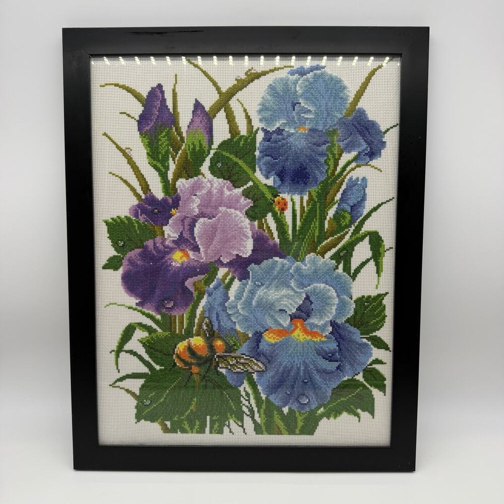 Framed Iris Floral Cross Stitch Needlepoint Art Blue Purple Flowers Bee 16x20